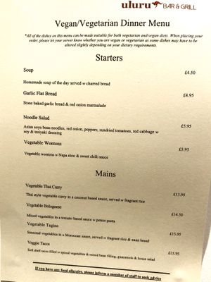 The vegan menu at Uluru in Armagh
