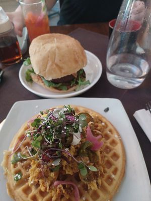Chik'n and waffles & Falafel burger. Thai bloody Mary. at Veg Cafe in Sacramento