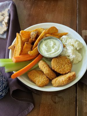 Nuggets and fries at Veg Cafe in Sacramento