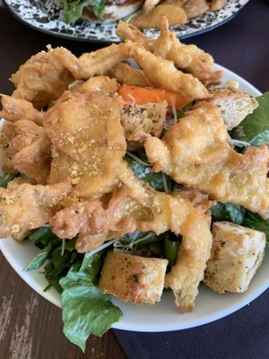House Caesar with croutons and oyster mushroom fritters  at Veg Cafe in Sacramento