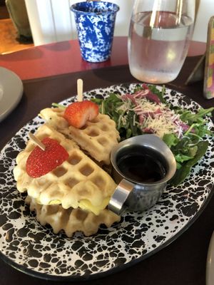 Brunch special, waffle with just egg and impossible sausage Patty. It was tasty!  at Veg Cafe in Sacramento