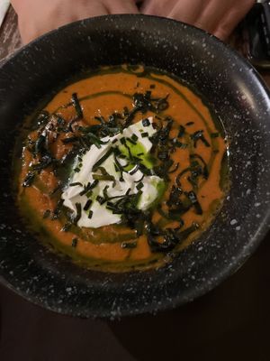 Bowl of tomato soup  at Veg Cafe in Sacramento