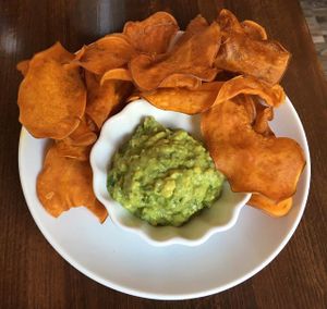 our famous spiced sweet potato chips with fresh ginger quacamole at Veg Cafe in Sacramento