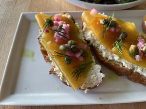Beet lox crostini  at Veg Cafe in Sacramento
