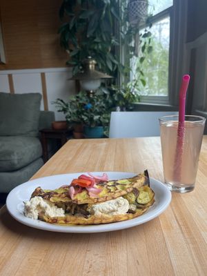 Crepe Florentine with a Lavender Kombucha   at Veg Cafe in Sacramento