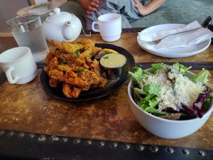 Mushroom calamari and side salad!😋 at Veg Cafe in Sacramento