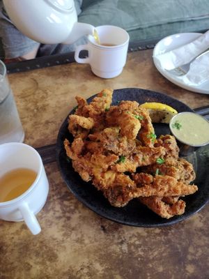Mushroom calamari and herbal tea! at Veg Cafe in Sacramento