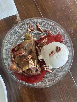 Bread pudding with seasonal compote and vanilla ice cream.   at Veg Cafe in Sacramento