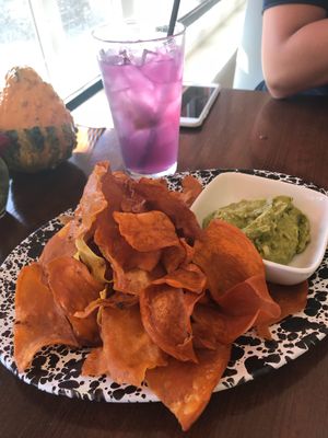 Sweet potato chips n ginger Guac. Tasty! at Veg Cafe in Sacramento