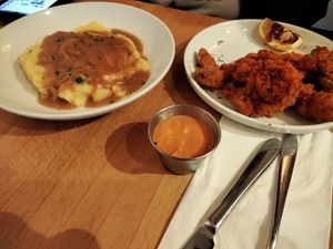 Mashed potatoes (left) Mushroom Calamari (right) at Veg Cafe in Sacramento