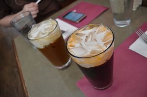 Thai tea (roiboos, red tea) and coffe. Both with ice and coconut milk (instad of the regular condensed milk. Included in the menu of the day at Thai Basil Restaurant in Sacramento