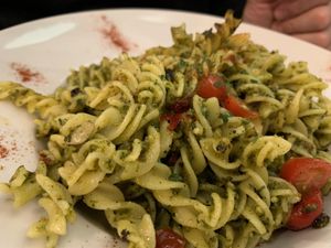 Pesto pasta al dente at Le Petit Pressoir in Liege