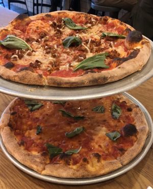 Top: Vegan Margherita Pizza with Vegan Sausage (soyrizo)  at Delarosa - Yerba Buena in San Francisco