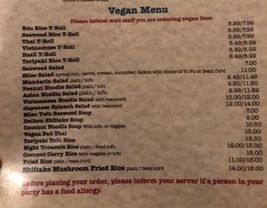 Vegan section of menu  at Fresh Side in Amherst