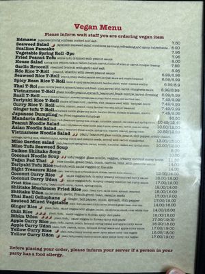 Vegan menu  at Fresh Side in Amherst