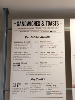 Clearly marked vegan options at Cali Press in Bondi Beach