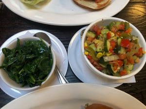 Garlic Spinach and Corn Succotash (both vegan) at Brenda's French Soul Food in San Francisco