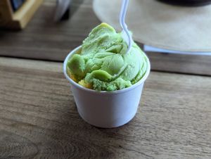 Two scoops in a cup. Cones are not definitively vegan (they don't know) at Chocolate Fusion Cafe in La Fortuna
