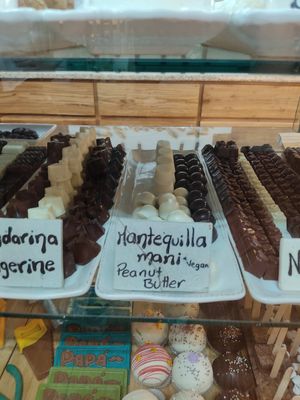 Vegan chocolate options marked (only the dark varieties of the labelled options) at Chocolate Fusion Cafe in La Fortuna