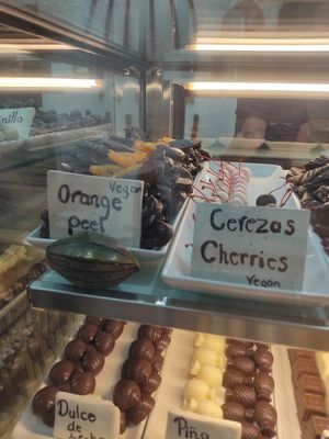 Vegan chocolate options marked (only the dark varieties of the labelled options) at Chocolate Fusion Cafe in La Fortuna