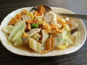 assorted vegetables with dried bean skin and mocked fish ball at Vege Restoran 素食館 in Batam
