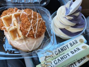 chicken & waffles donut, blueberry cheesecake soft serve, and an assortment of house-made chocolate bars. at Vegan Treats Bakery in Bethlehem