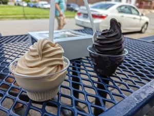 Peanut butter soft serve and brownie batter soft serve at Vegan Treats Bakery in Bethlehem