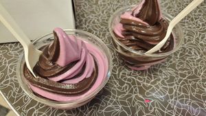 Berry cheesecake and brownie batter soft serve swirl at Vegan Treats Bakery in Bethlehem