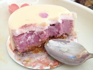 inside the Triple Berry Cheesecake (the pink flower is edible) at Vegan Treats Bakery in Bethlehem