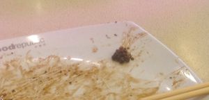 A pile of whole peppercorns from the black pepper udon at Food Republic - Food Stall in Kuala Lumpur