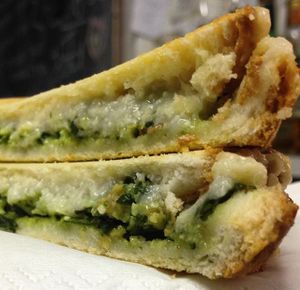 'Chicken' & Pesto Grilled cheese: home made seitan 'chicken' with basil and almond pesto and Jarlsberg-style non-dairy cheese at Joey's Kitchen in South East London