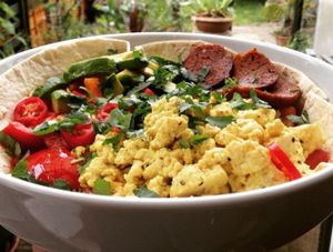 Non-huevos Rancheros: a vegan take on this Mexican classic with homemade seitan chorizo, scrambled tofu, avocado and chilli tomato stew at Joey's Kitchen in South East London