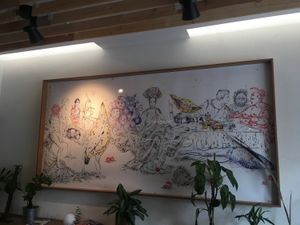 Super neat artwork over the tables  at Made with Laf in Bratislava