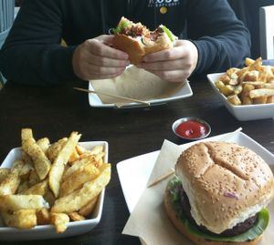 Delicious fresh burgers and rosemary chips  at Handmade Burger Co in Reading