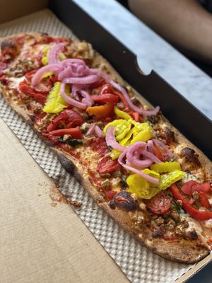 Vegan moz, vegan sausage, tomato’s, picked onions, banana peppers  at IAD - &pizza - CC in Dulles