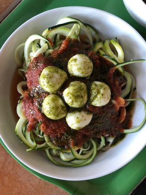 Zoodles with marinara and vegan mozzarella.  at El Castillo Integral in Santiago De Los Caballeros