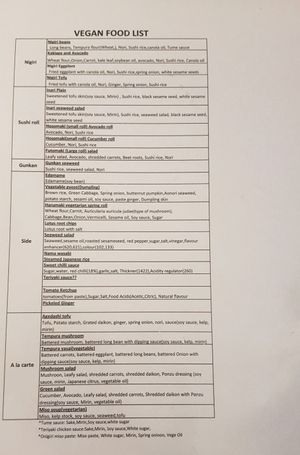 vegan food list at Sush Track in Hobart