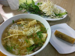 Vegetarian pho with spring roll at Bach Thao in Can Tho