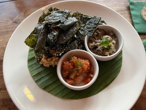 Rice cakes with seaweed, tomatoes, and mushrooms   at Khaiphaen in Luang Prabang