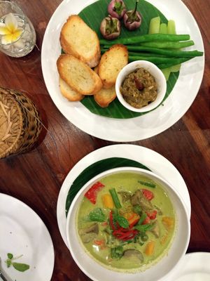 Smoky aubergine dip was great, green curry was also good, ask for no fish sauce and no egg tofu at Khaiphaen in Luang Prabang