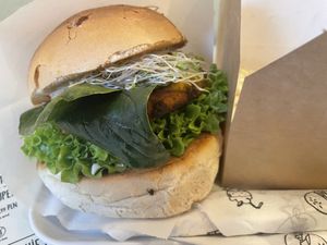Chickpea burger and brioche bun at Krowarzywa in Krakow