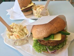 Burgers and coleslaw at Krowarzywa in Krakow