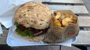 Pastrami burger and potatoes   at Krowarzywa in Krakow