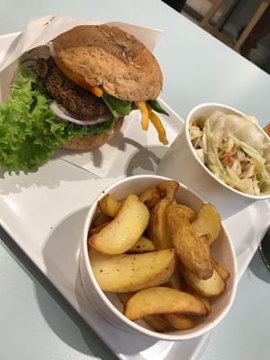 Seitanex with coleslaw and herbed potatoes  at Krowarzywa in Krakow