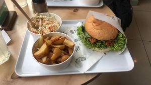 Burger, chips and coleslaw  at Krowarzywa in Krakow
