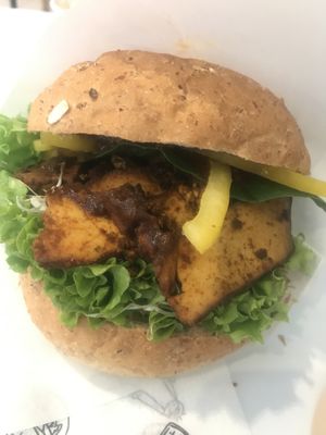 Marinated tofu in a burger bun. Messy, but fun! at Krowarzywa in Krakow