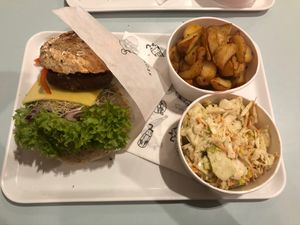 Pea protein burger meal deal at Krowarzywa in Krakow