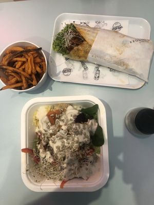 Vegan veg bowl and pastrami wrap with sweet potato chips at Krowarzywa in Krakow