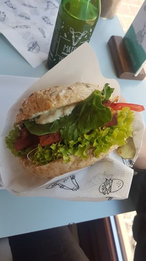 Burger with marinated tofu and dill sauce!  at Krowarzywa in Krakow