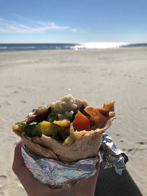 Colorful and flavorful vegan burrito; recommend enjoying as a beach picnic at Java Burrito in Hilton Head Island